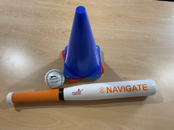 Rounders bat, blue cone and white ball